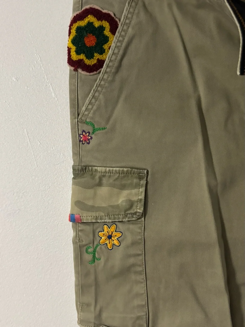 Mason Olive Cargo Pants with Floral & Patch Details